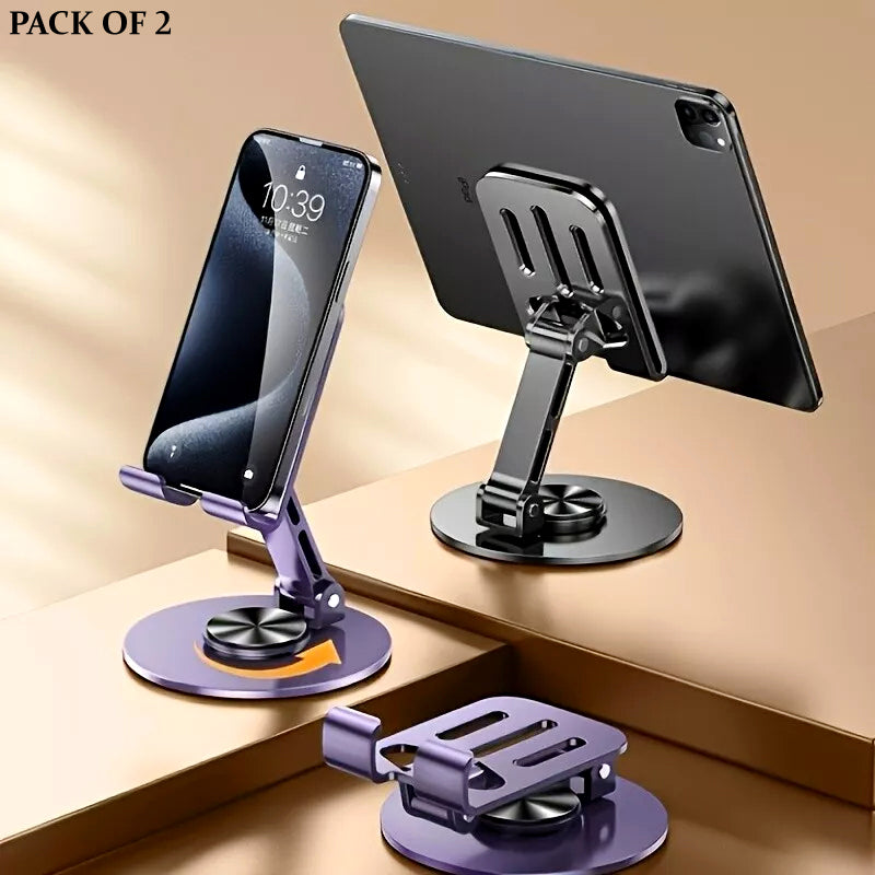 2 Pcs 360° Rotatable Metal Phone & Tablet Stands, Adjustable Foldable and Durable Desktop Holders