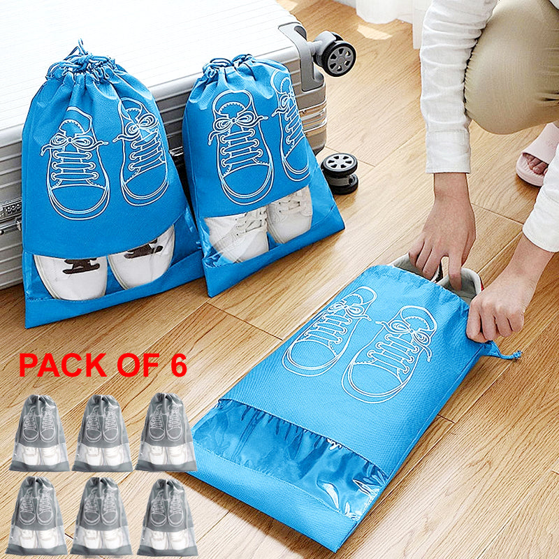 Pack of 6 Travel Shoe Storage Bags – Waterproof, Dustproof, Non-Woven Fabric with Transparent Window & Drawstring Closure