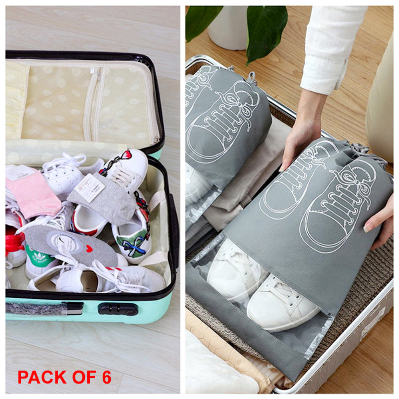 Pack of 6 Travel Shoe Storage Bags – Waterproof, Dustproof, Non-Woven Fabric with Transparent Window & Drawstring Closure