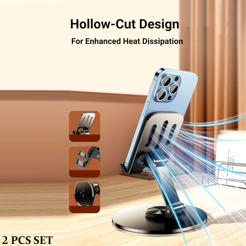 2 Pcs 360° Rotatable Metal Phone & Tablet Stands, Adjustable Foldable and Durable Desktop Holders
