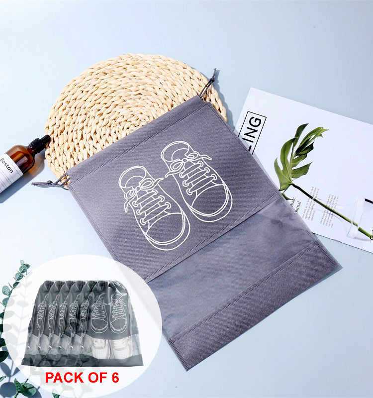 Pack of 6 Travel Shoe Storage Bags – Waterproof, Dustproof, Non-Woven Fabric with Transparent Window & Drawstring Closure