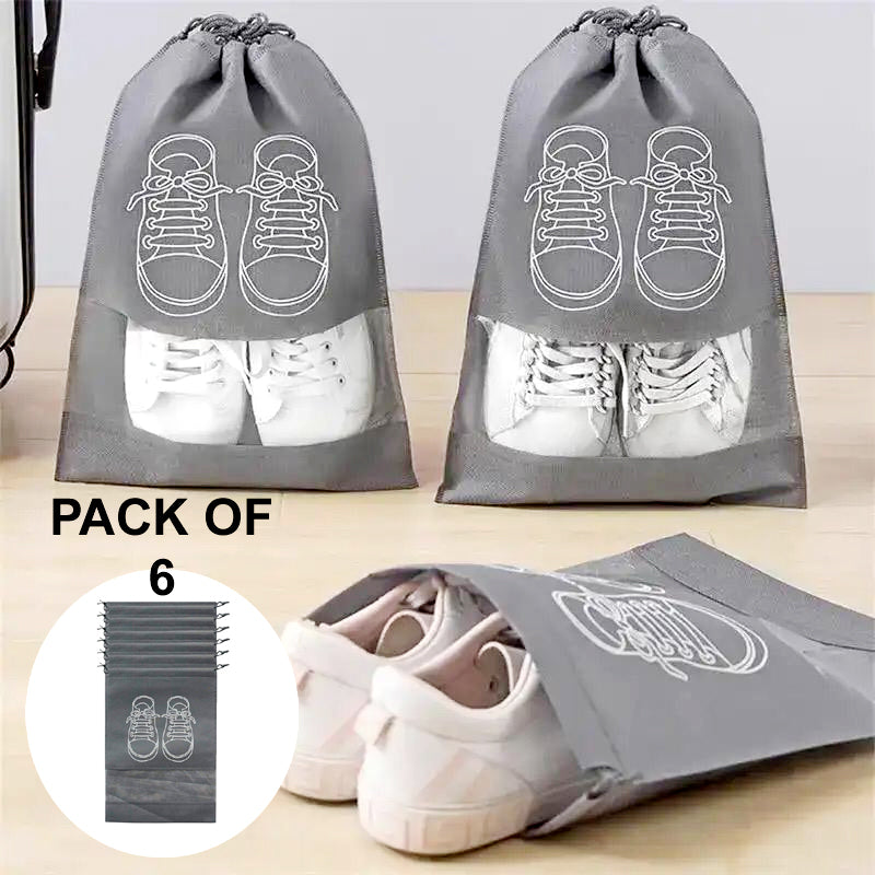 Pack of 6 Travel Shoe Storage Bags – Waterproof, Dustproof, Non-Woven Fabric with Transparent Window & Drawstring Closure