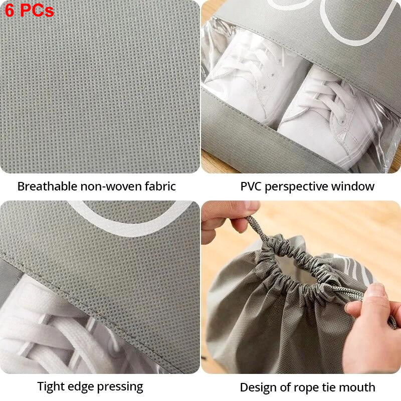 Pack of 6 Travel Shoe Storage Bags – Waterproof, Dustproof, Non-Woven Fabric with Transparent Window & Drawstring Closure