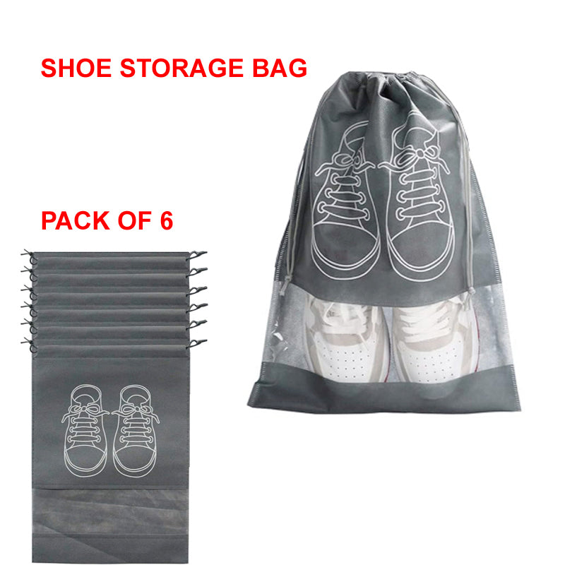 Pack of 6 Travel Shoe Storage Bags – Waterproof, Dustproof, Non-Woven Fabric with Transparent Window & Drawstring Closure
