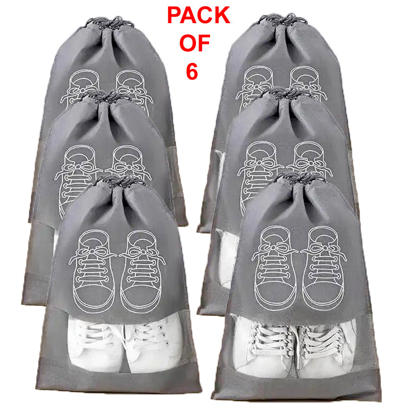 Pack of 6 Travel Shoe Storage Bags – Waterproof, Dustproof, Non-Woven Fabric with Transparent Window & Drawstring Closure
